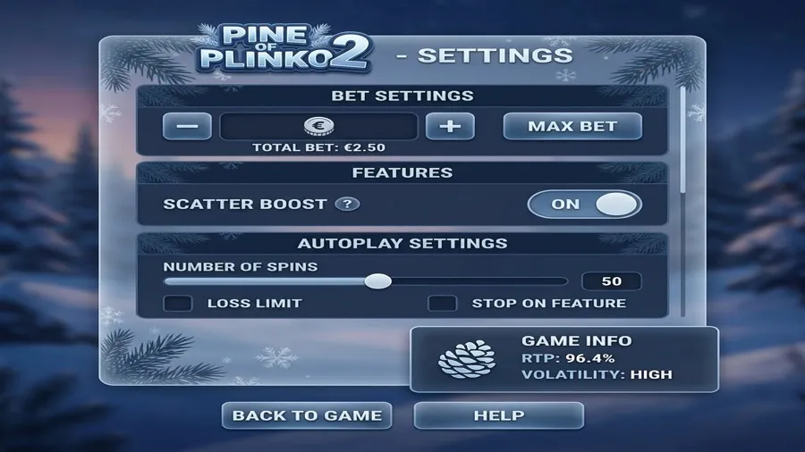 Game settings — adjust bet levels; Scatter Boost and strategize your play style